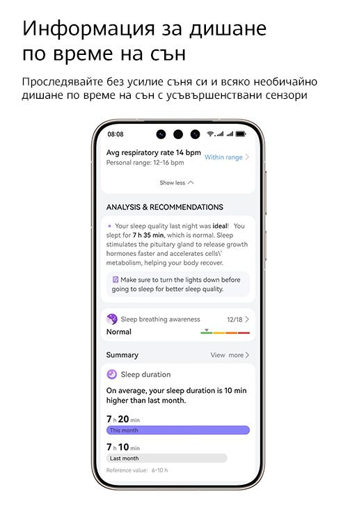 Информация за дишане по време на сън. Проследявайте без усилие съня си и всяко необичайно дишане по време на сън с усъвършенствани сензори.