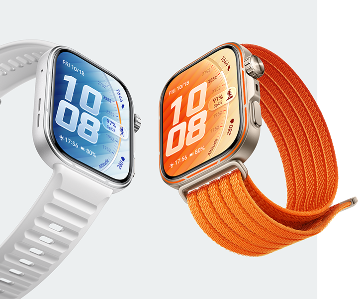 Два смартчасовника HUAWEI WATCH FIT 5 Pro - бял с бяла силиконова каишка и сребрист с оранжева текстилна каишка